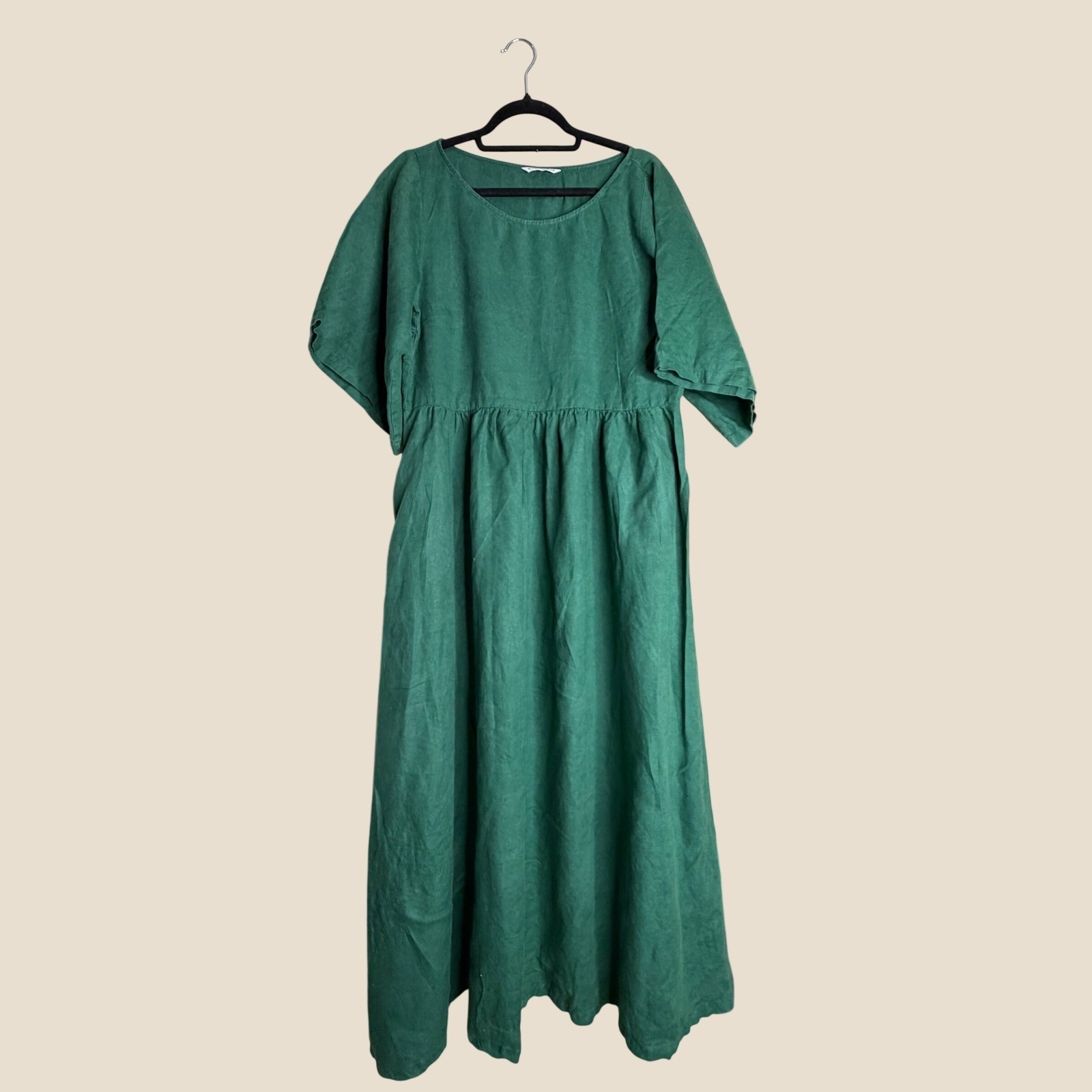 Tatuum Green Linen Maxi Dress Womens 38 Short Sleeve Empire Waist Boho Flowy