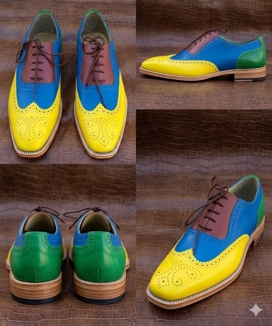 Men Handmade Good Year Welt Multi color Leather Brogue Shoes with Laceup Closure