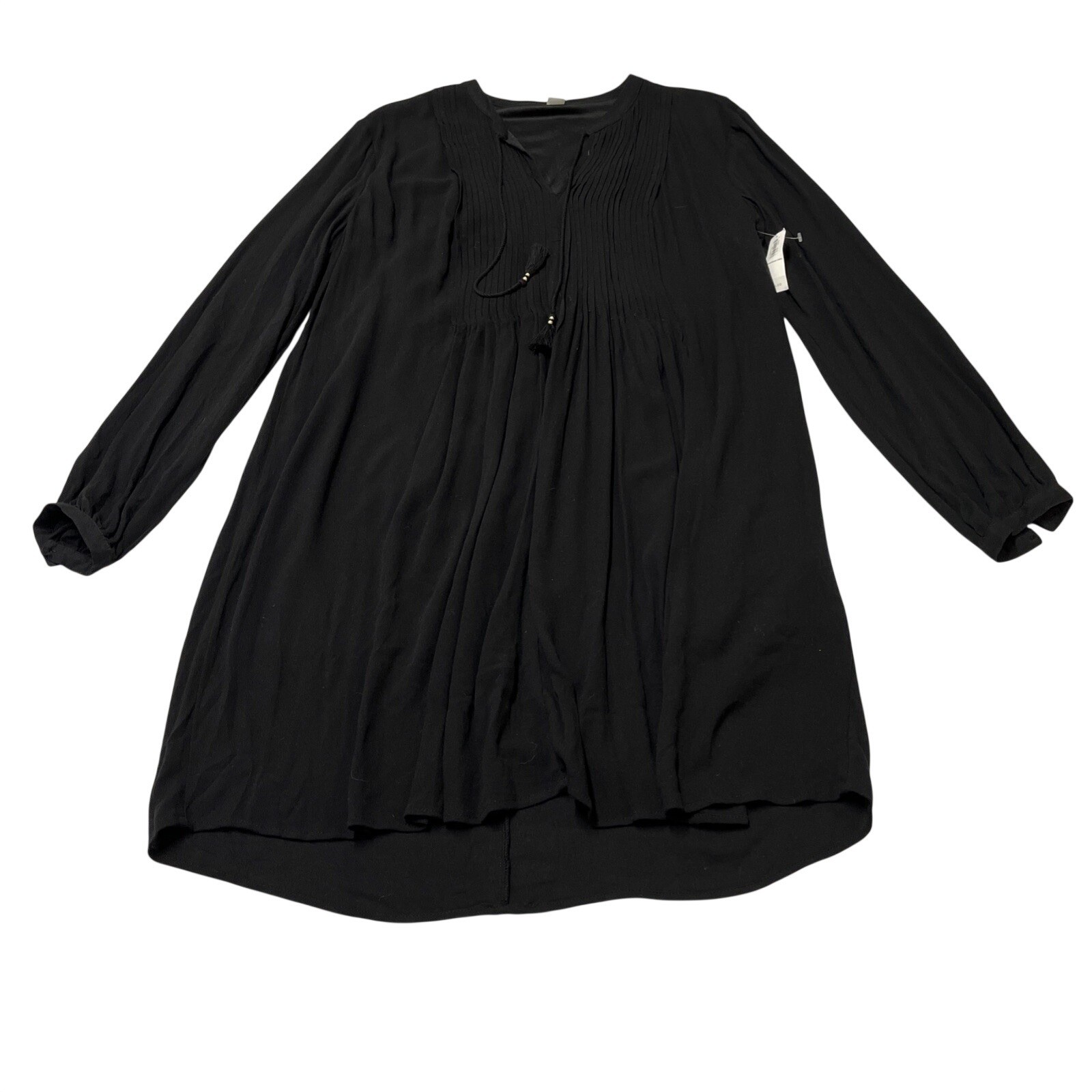 Old Navy Dress Black Pleated Shift Midi Tassel V Neck Size L Wedding Guest Event