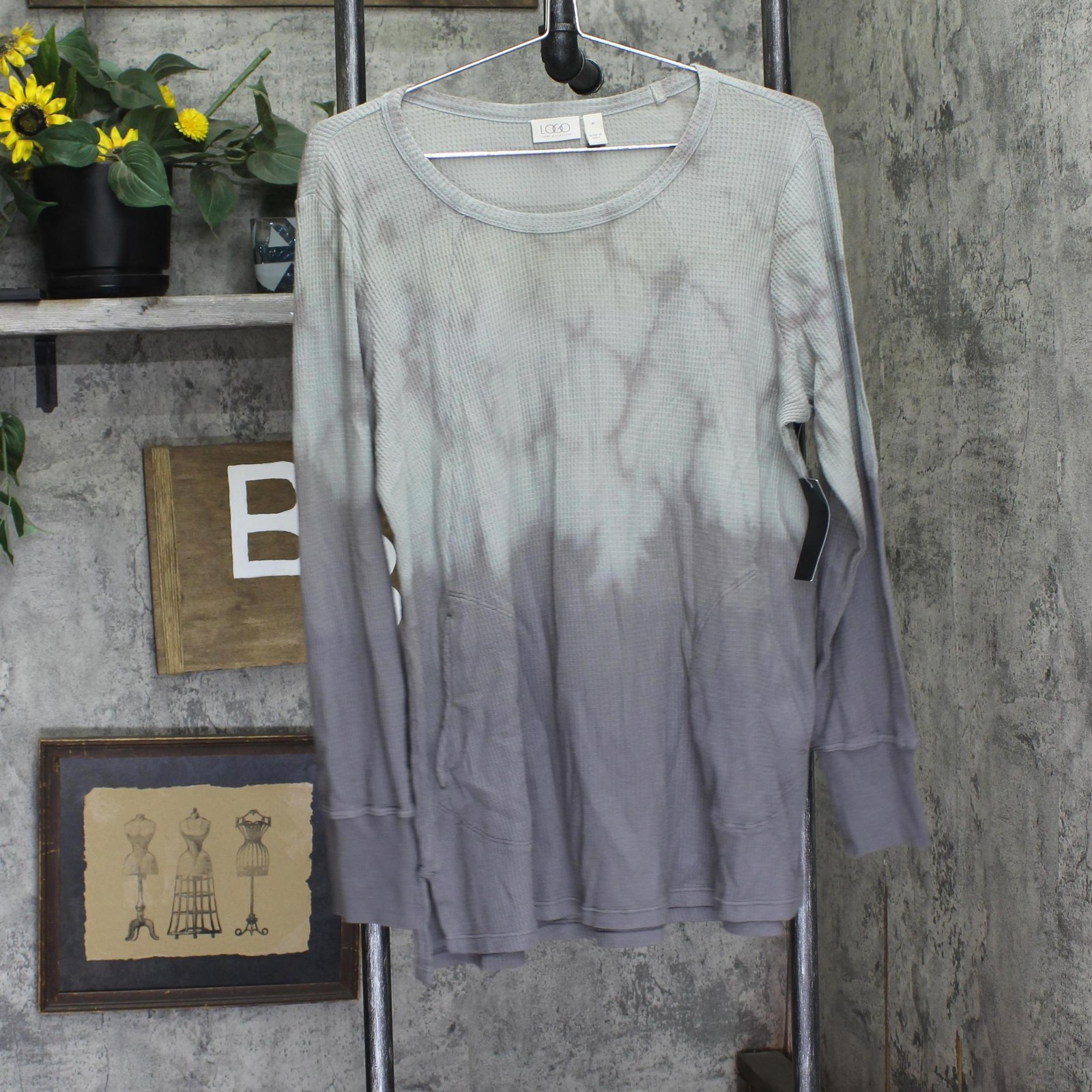 Logo By Lori Goldstein Neck Dye Effect Waffle Knit Shirt Top Dark Shadow Gray M