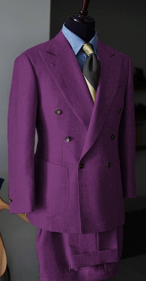 Double Breasted Linen Men’s Suits 2PCS Peak Lapel Wedding Groom Blazer Tuxedos