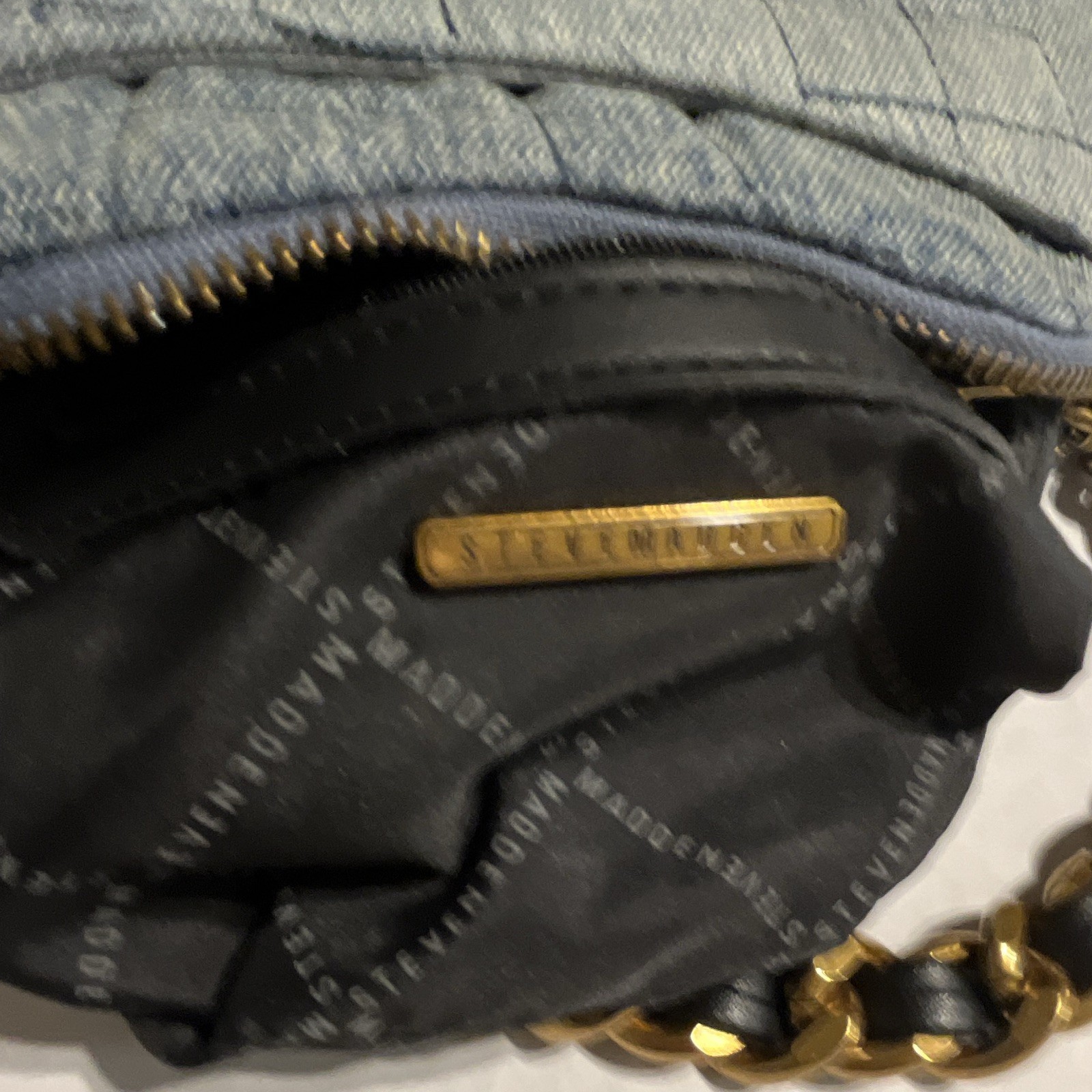 Steve Madden Women’s Blue Quilted Shoulder Bag Zip, Chain Strap, Gold Hardware