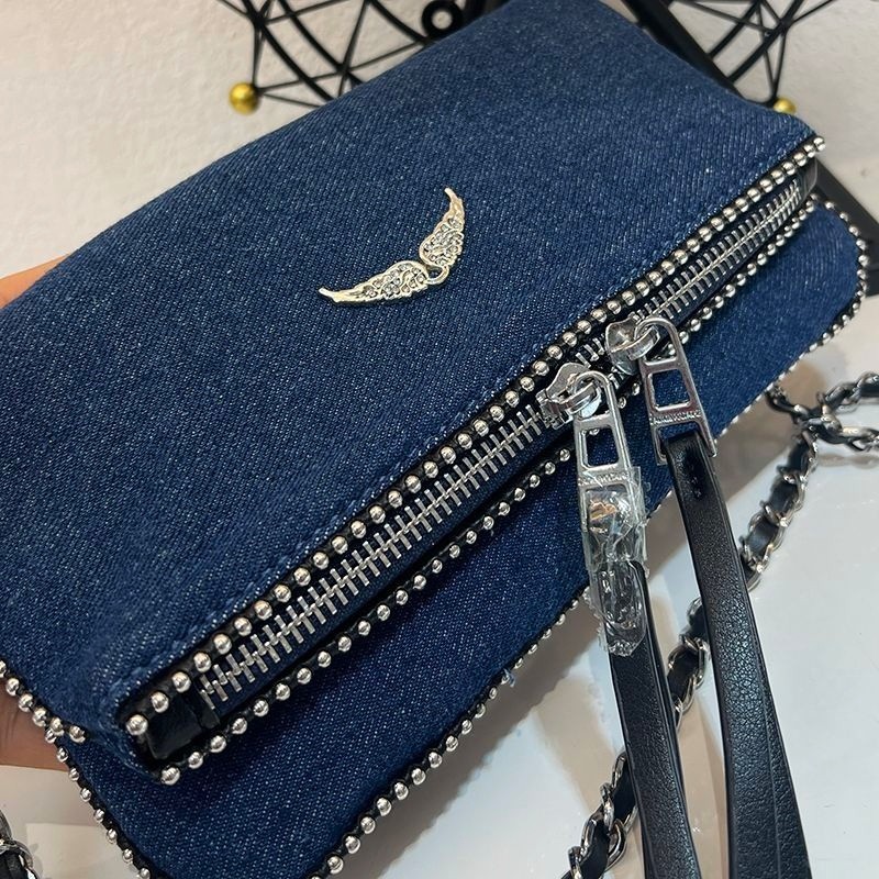 Zadig & Voltaire Rock Wing Blue Denim Bag Silver Studded Crossbody Big 27x15cm