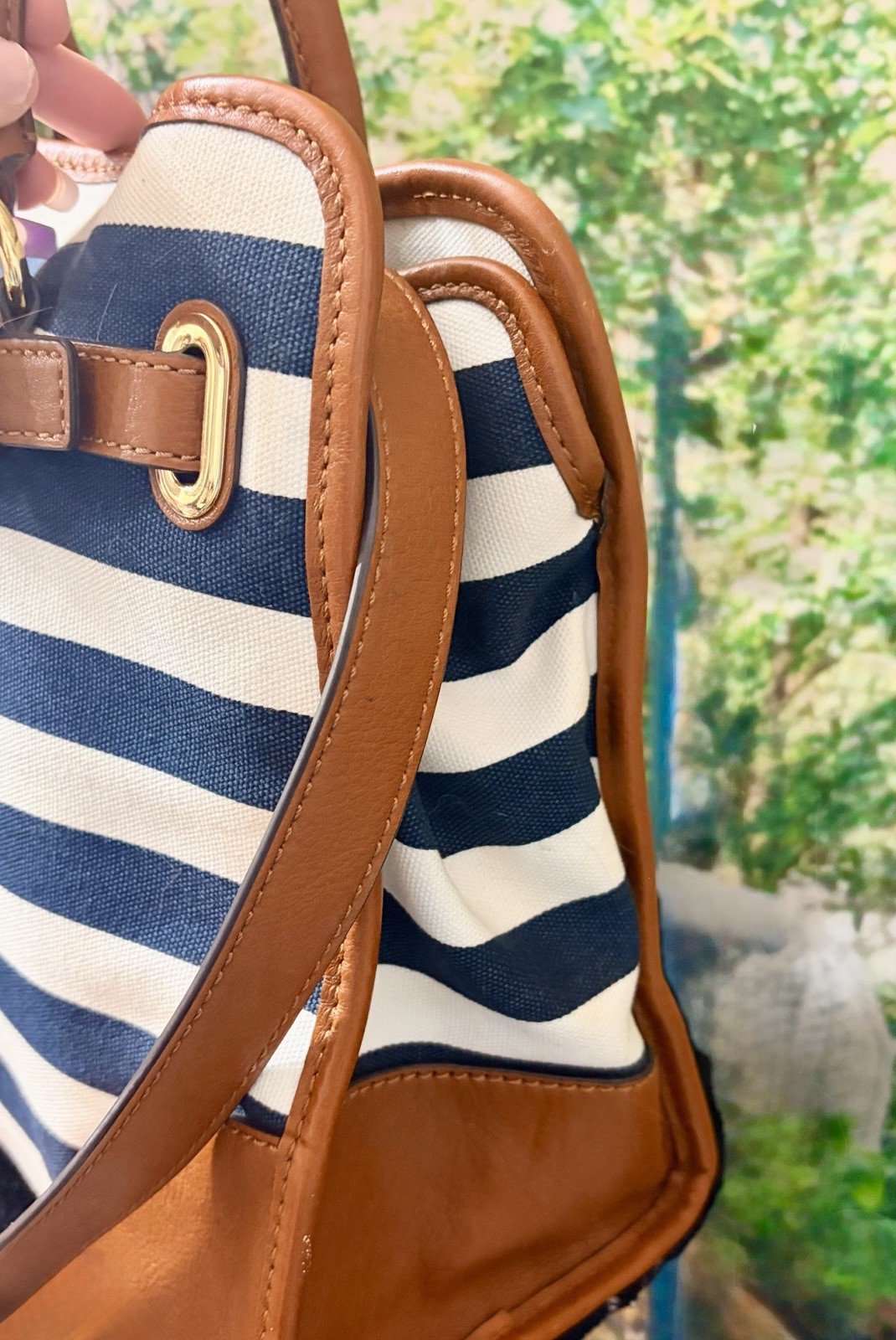 Michael Kors Hamilton Large Tote Satchel Striped Canvas Navy Blue White Leath