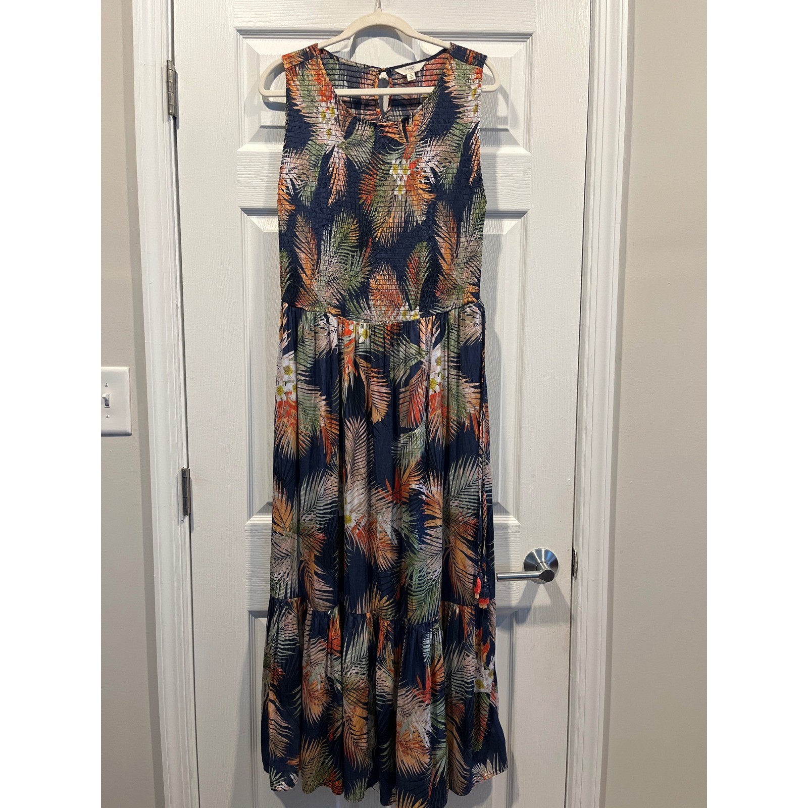 Terra & Sky Navy Tropical Palm Print Smocked Tiered Maxi Dress Sleeveless Womens