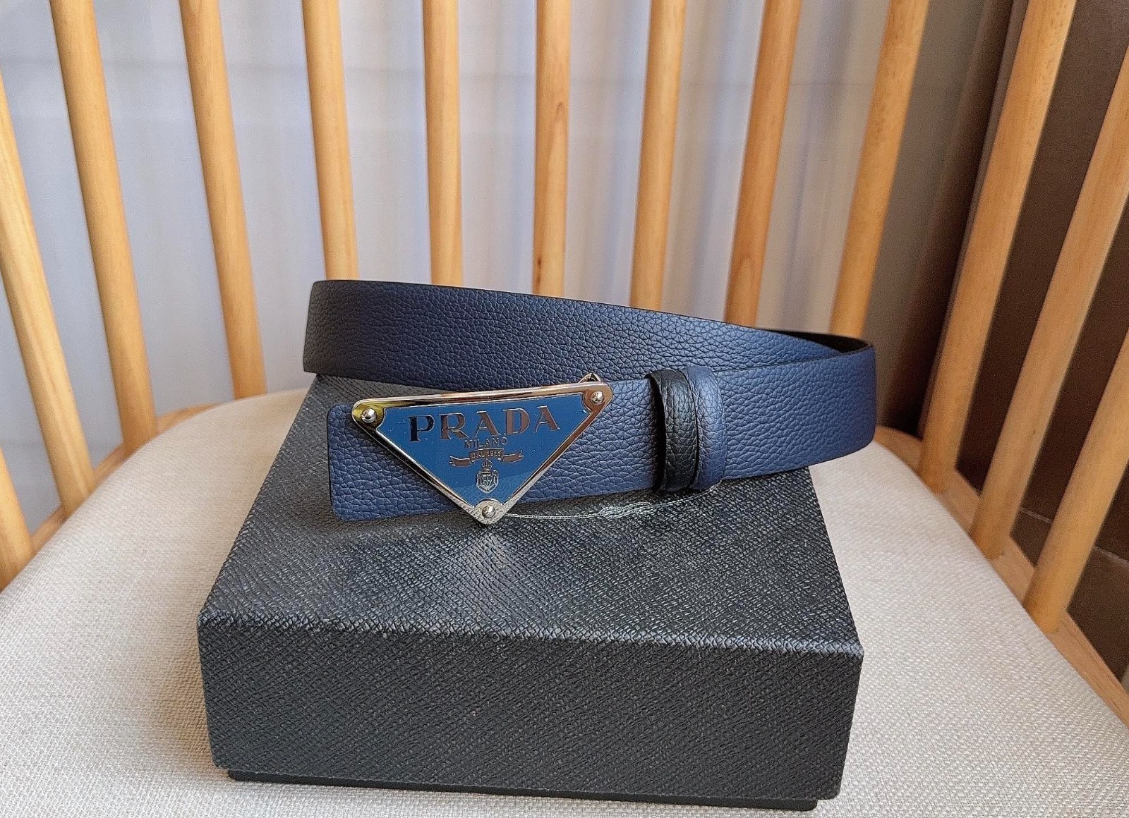 Prada men’s leather belt in Black/Blue