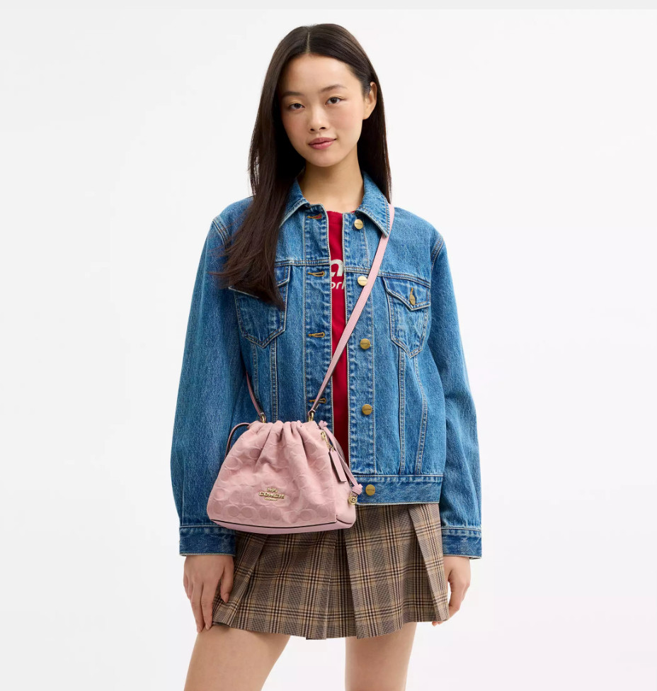 COACH Faye Drawstring Bag Signature Denim Light Pink CFD03 IMNH1 Auth New