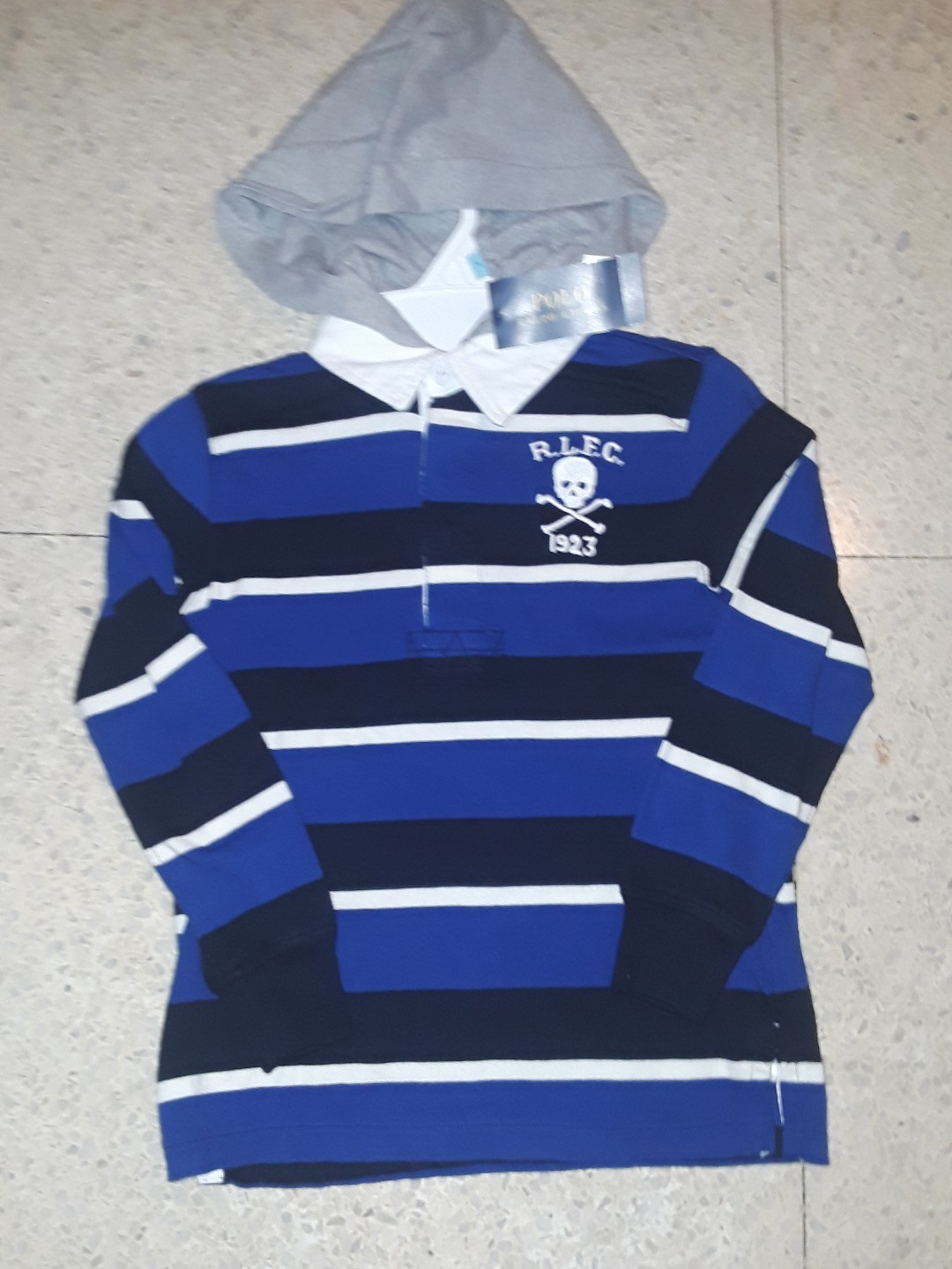 NWT Polo Ralph Lauren Boys College BLUE Stripe Skull Hooded Rugby Polo Shirt MED