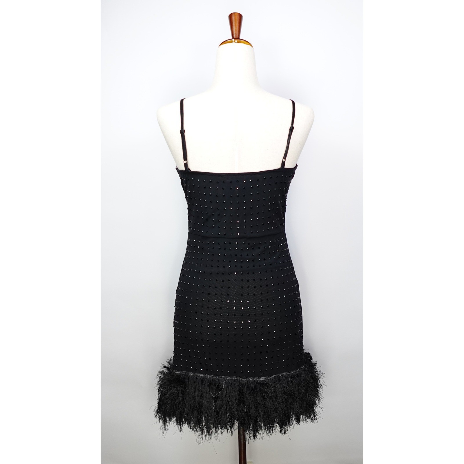 Miss Selfridge ASOS Black Embellished Cami Mini Dress Faux Feather Hem Studded