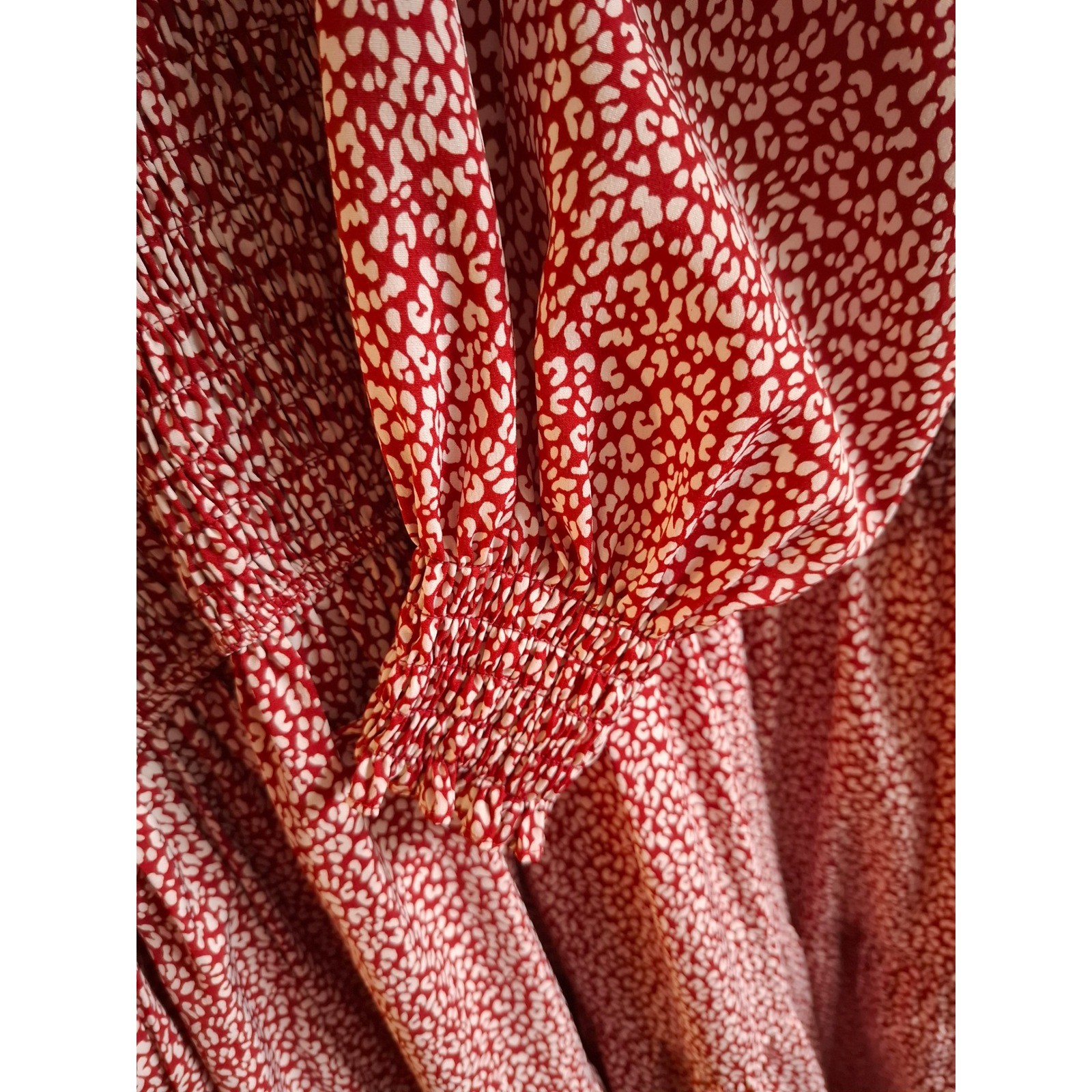 Red Cottagecore Abstract Animal Print Smocked Long Sleeve Maxi Dress Boho Sz XL
