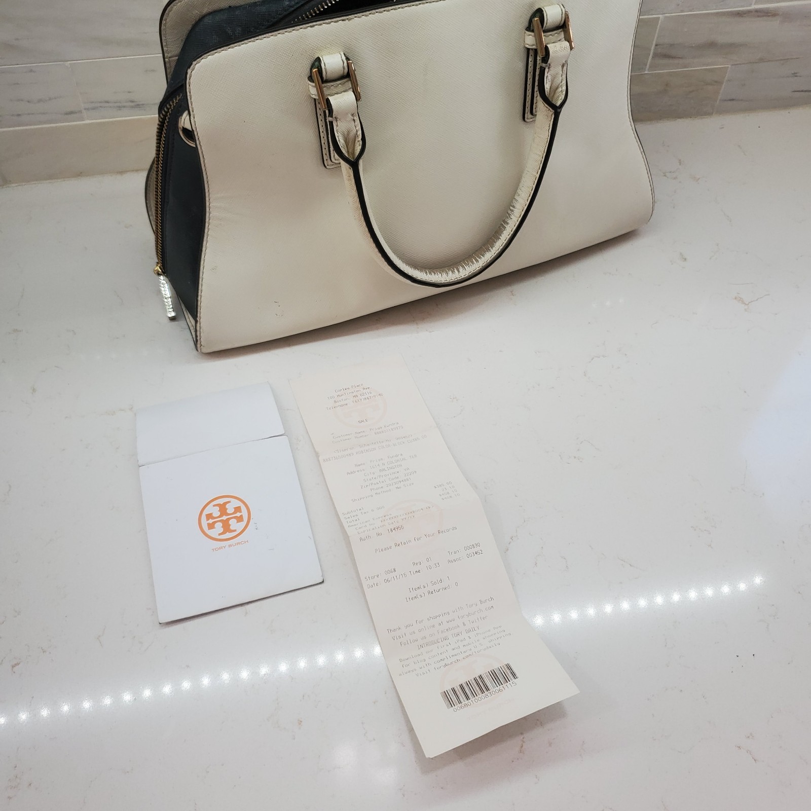 Tory Burch Curved Robinson Color Block Wear To Handles $408.10 Receipt Inside