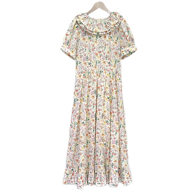 DOEN Floral Print Dress – Ruffle Neck Layered Ruffle Hem Puff Long Sleeve