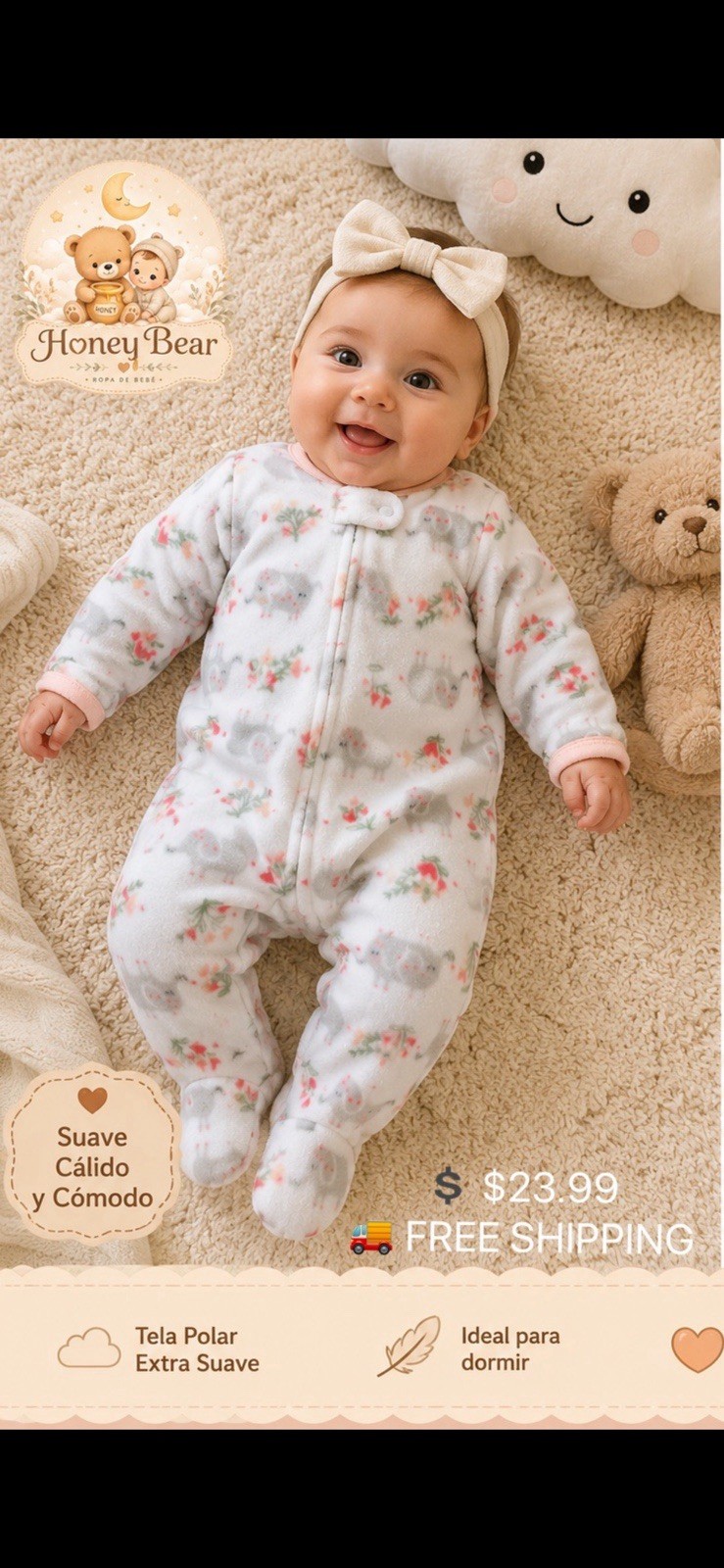 Honey Bear Footed Fleece Zip One-Piece Sleeper Elephant Floral 0-9 Months