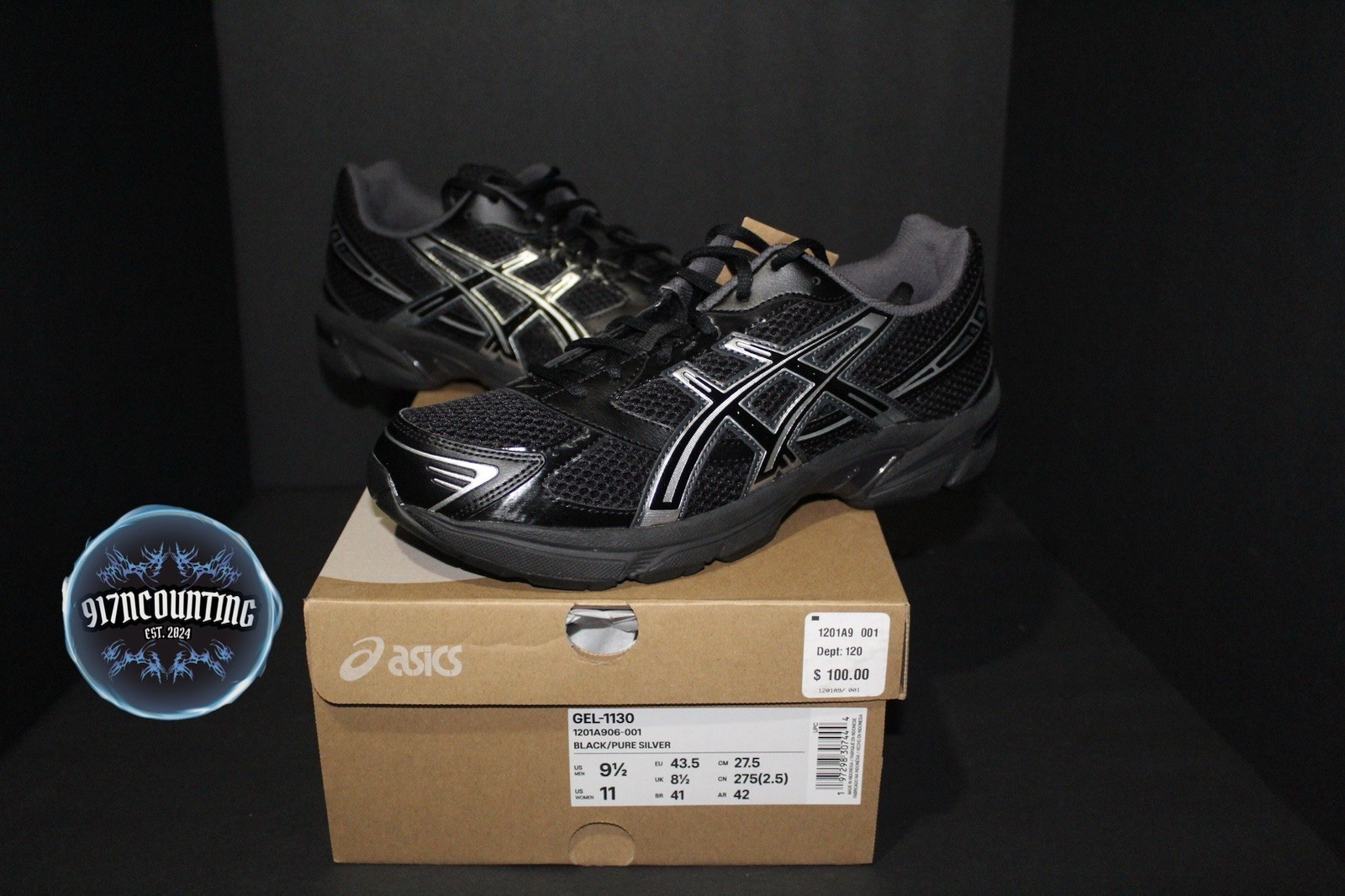 Size 9.5 – ASICS Gel 1130 Black/Pure Silver – 1201A906-001