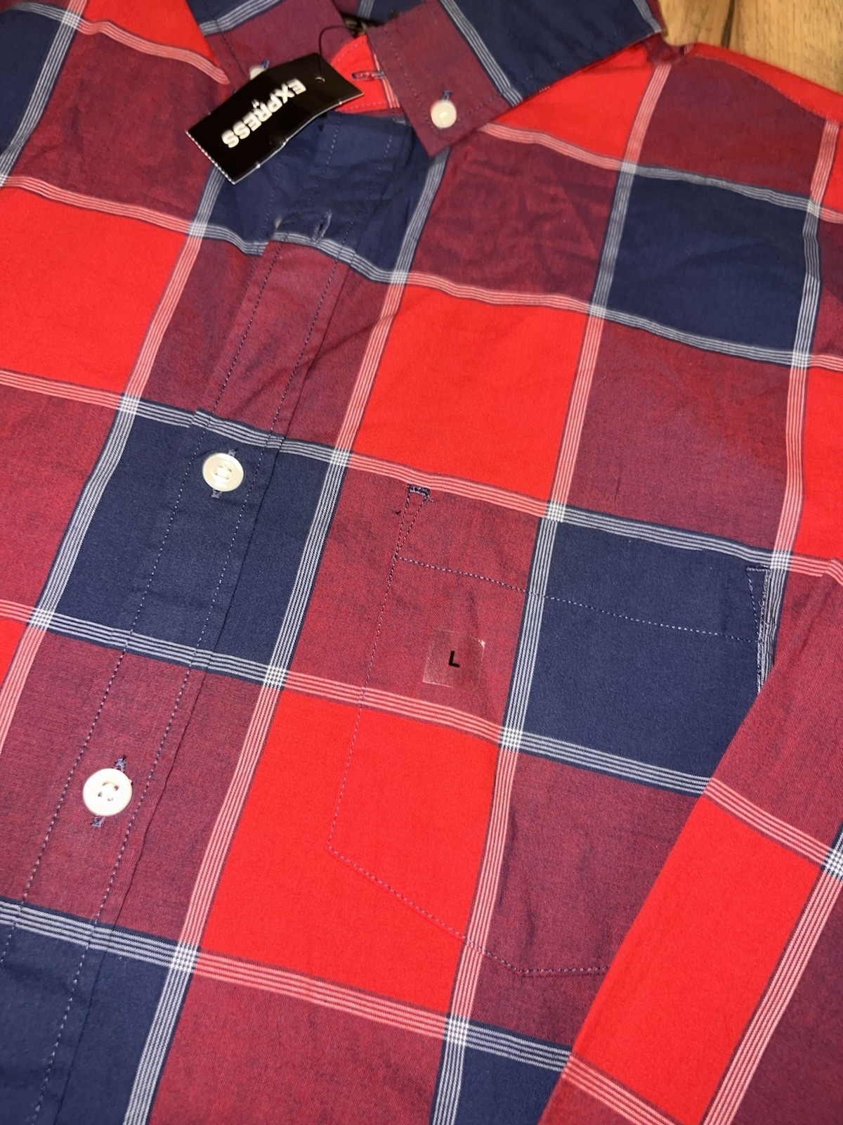 Express Men’s L Red Blue Plaid Button Down Shirt Long Sleeve Casual 100% Cotton