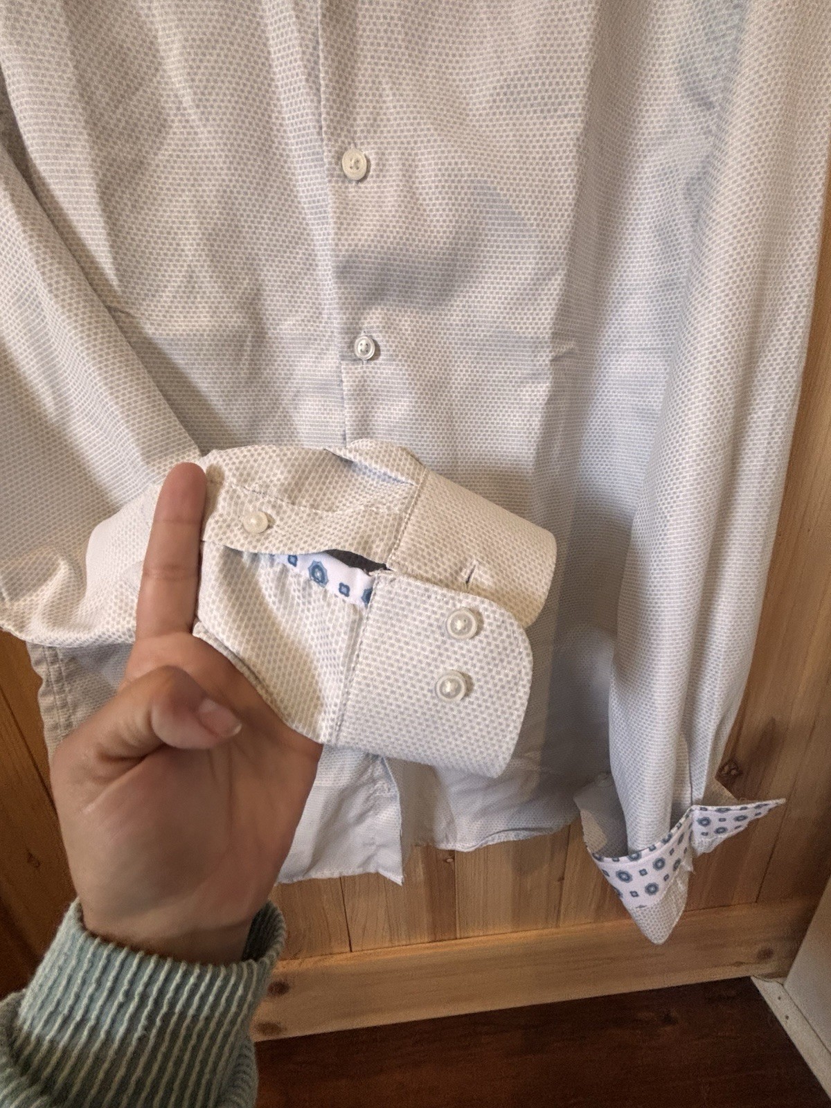 Denim & Flower Slim Fit White Geometric Dress Shirt M 32/33 Easy Care Cotton