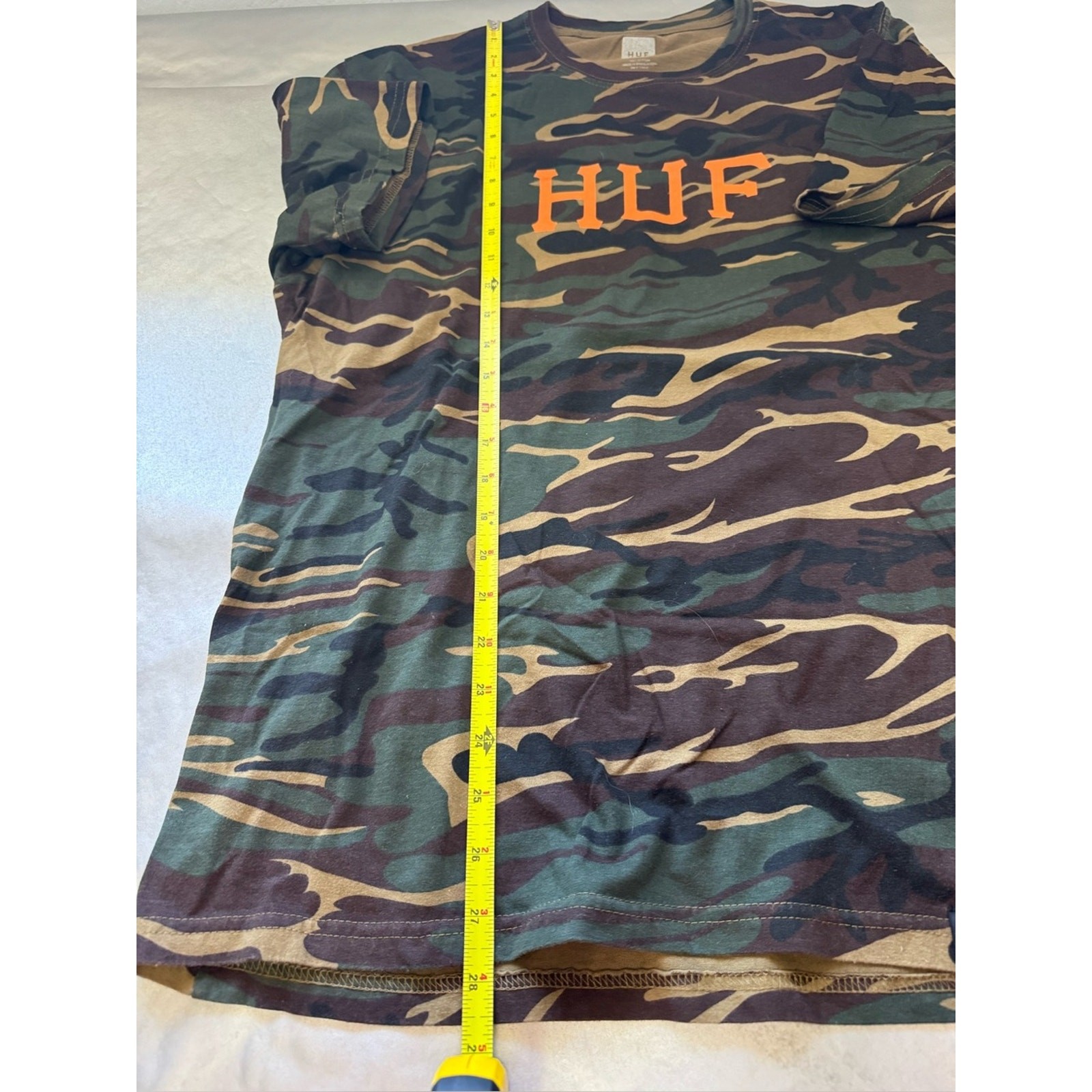 HUF Camo Logo T-Shirt Large Orange Logo Skate Streetwear 100% Cotton