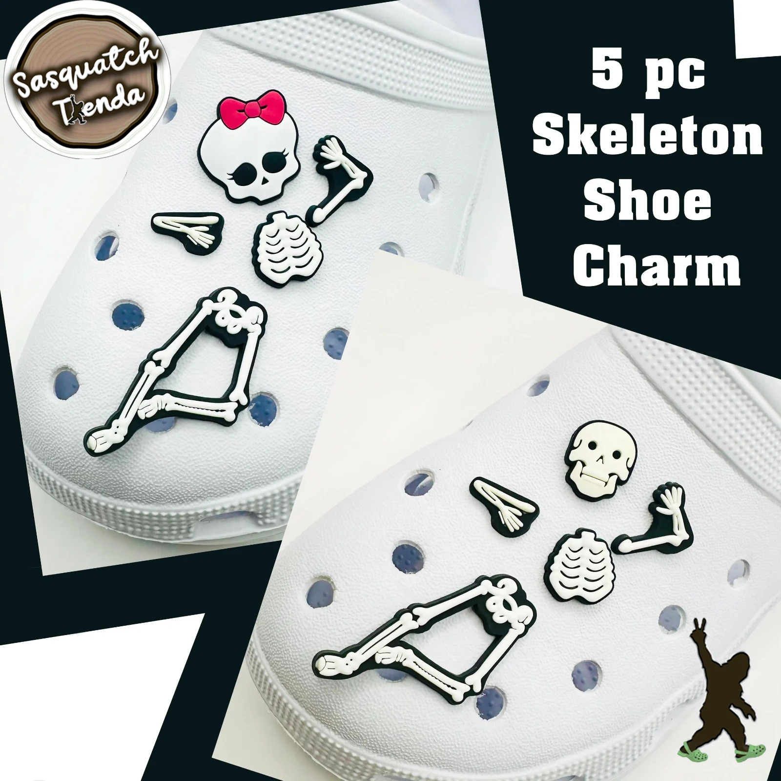 5 Piece Skeleton Shoe Charm Lot, Fits Clog-style shoes, Spooky Halloween, Skull