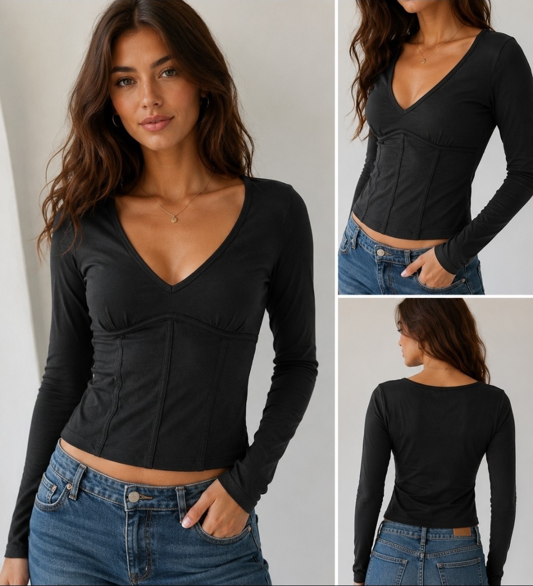 Hollister Must-Have Collection Black Corset Seam Long Sleeve V-Neck Top Women’s