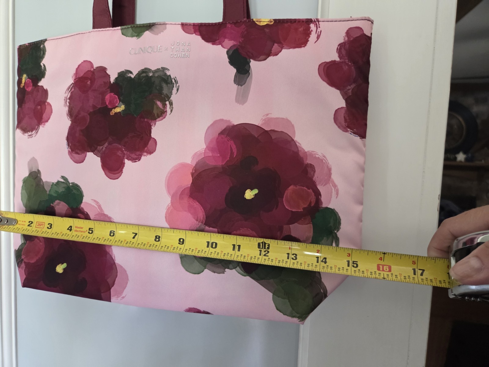 Clinique Pink Floral Tote Bag Burgundy Shoulder Straps Lined Inner Pockets