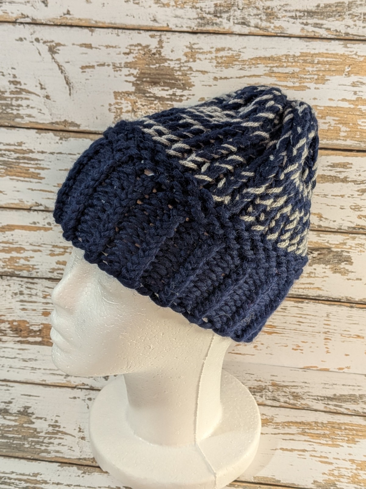 Handmade Beanie Winter Acrylic Hand Knitted Navy Blue and Gray