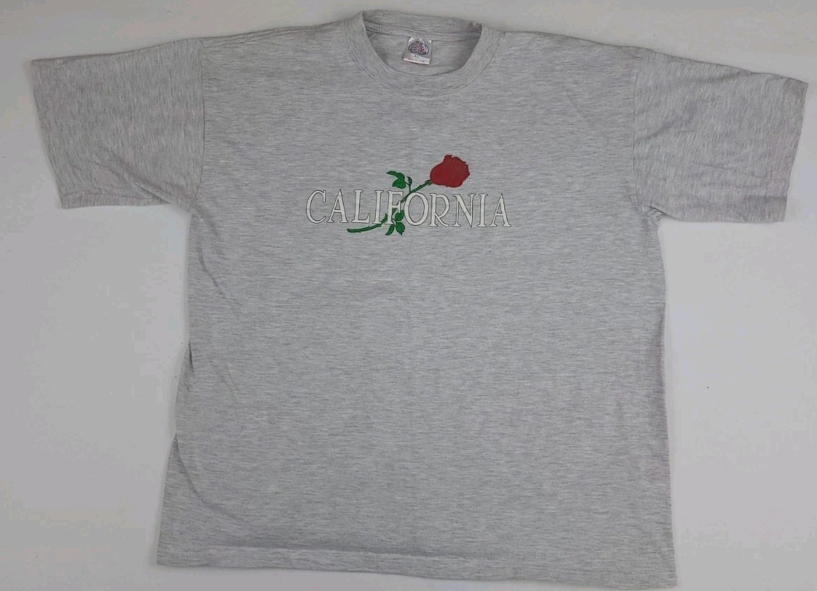 Vintage 90s California Rose Flower Print T Shirt 100% Cotton Grey Multicolor USA