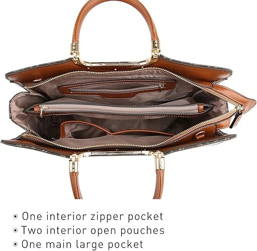 Handbags women, Brown w/ gold accents, 14.5″W x 11″H x 4″D, handle drop4.7″