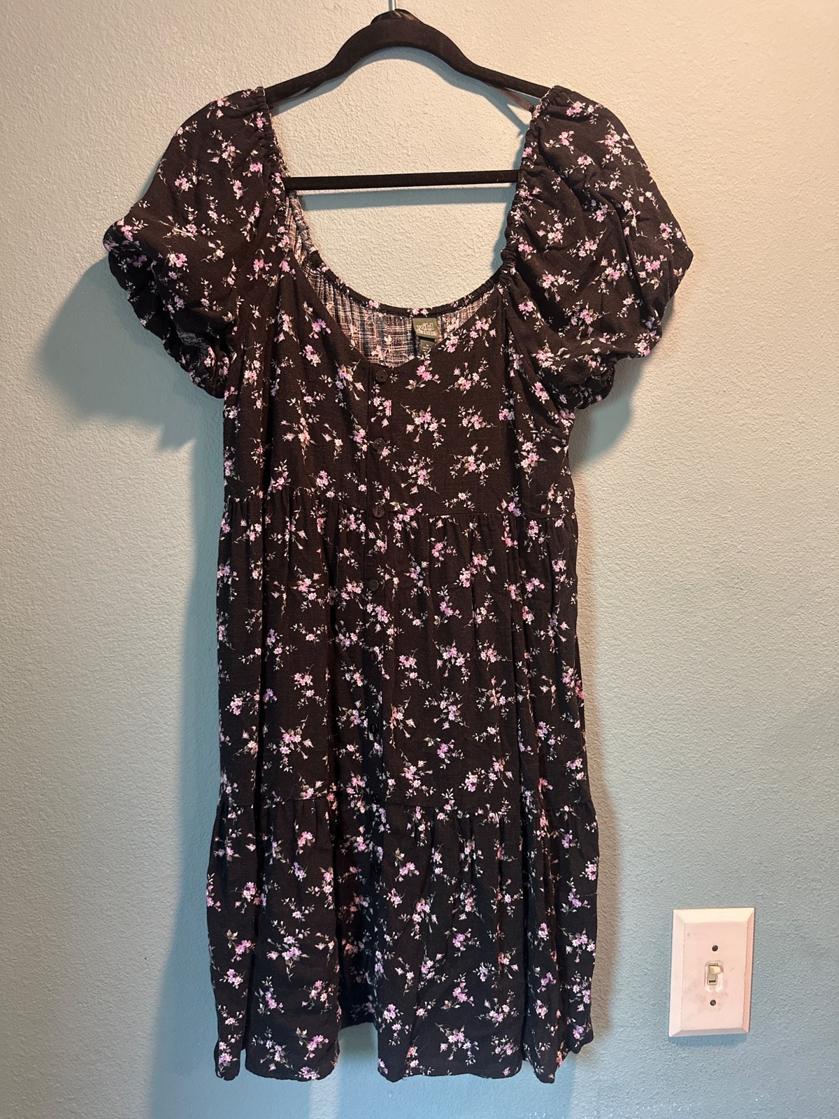 Wild Fable Black Floral Babydoll Mini Dress Puff Sleeve Tiered Size M