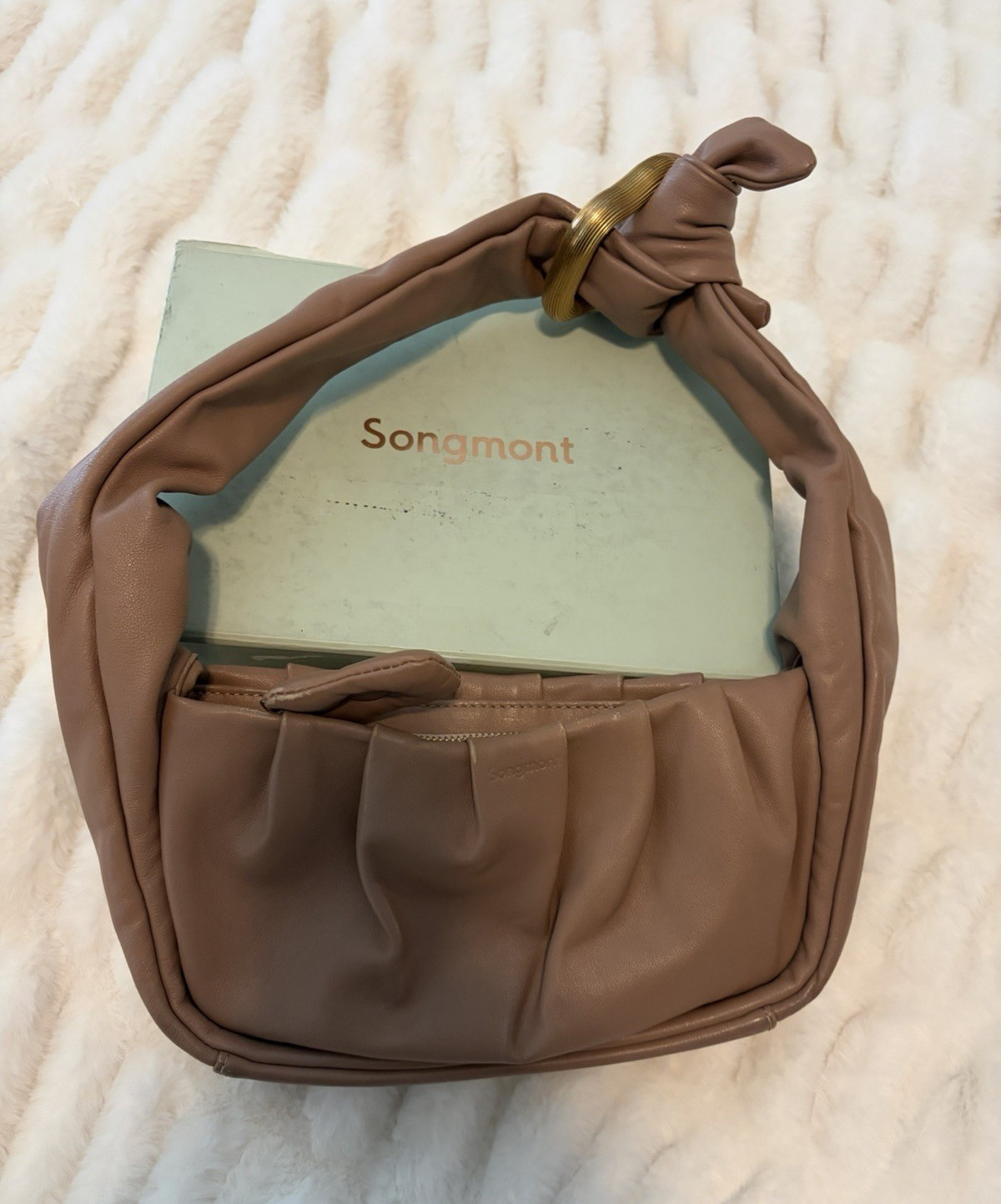 Songmont Tan Small Shoulder Bag Pleated Knot Zip Closure Gold Hardware Dust