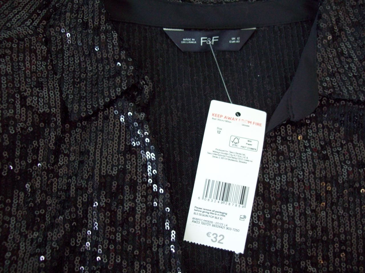New F&F Black Sequin Shirt Top UK 12 Oversized 12/14 Stretch Party Occasion