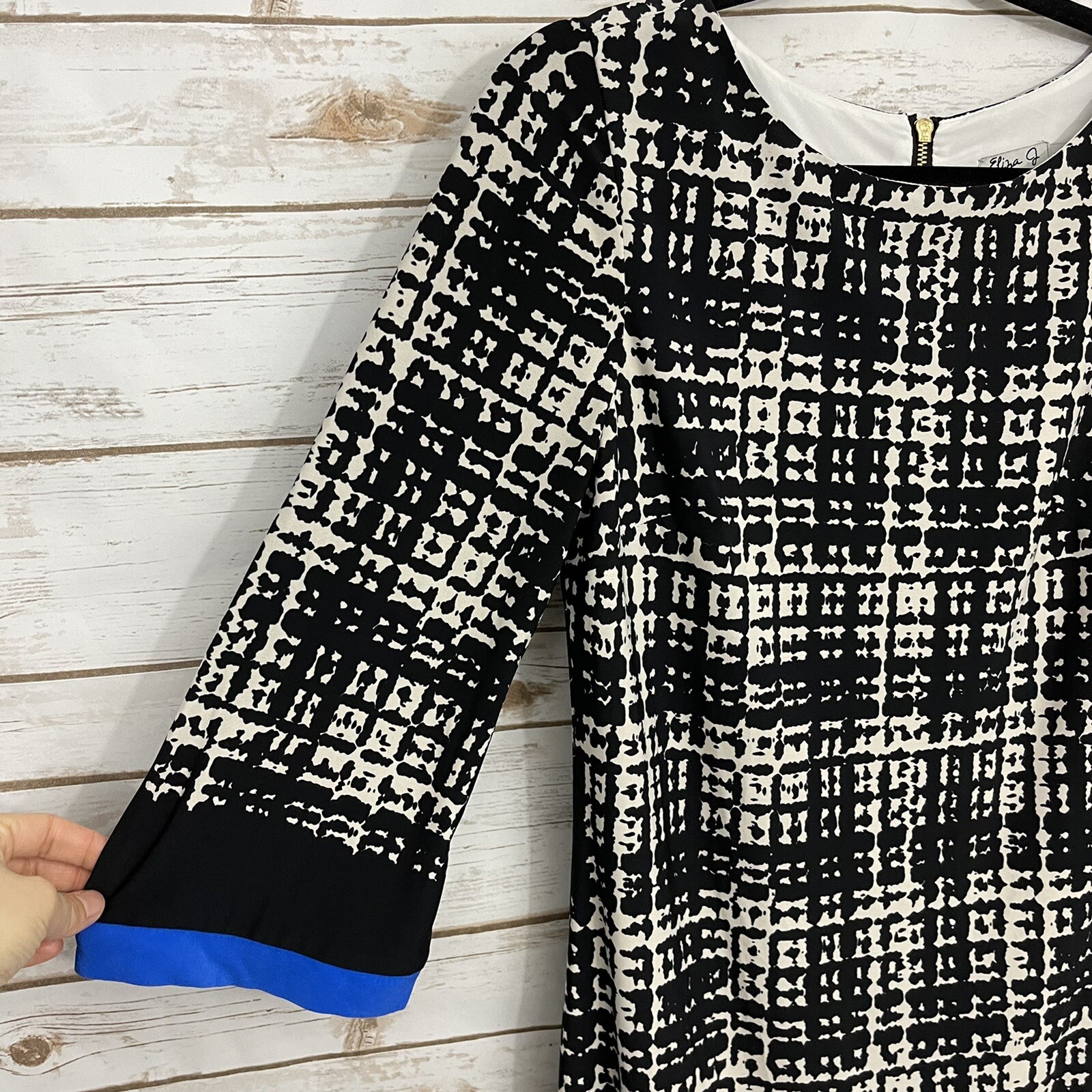 Eliza J Black White Grid Blue Trim 3/4 Sleeve Career Shift Dress Size 6 Zipper