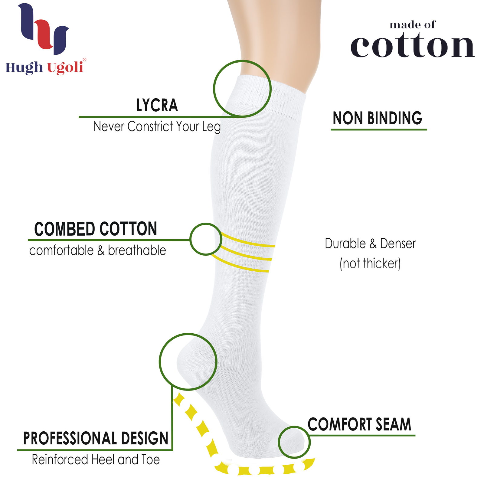 HUGH UGOLI Women Cotton Knee High Socks Shoe Size 5-8 / 8-11, 4 Pairs
