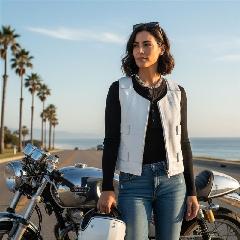 White Women Bullet Proof style Leather Motorcycle Vest for bikers Club Tactical