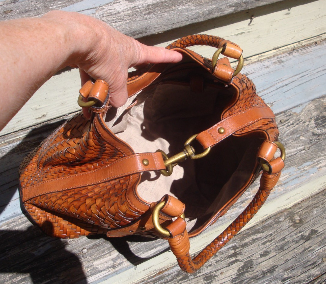 COLE HAAN Genevieve Brown Leather Boho Handbag Satchel Woven Large Tote Weave