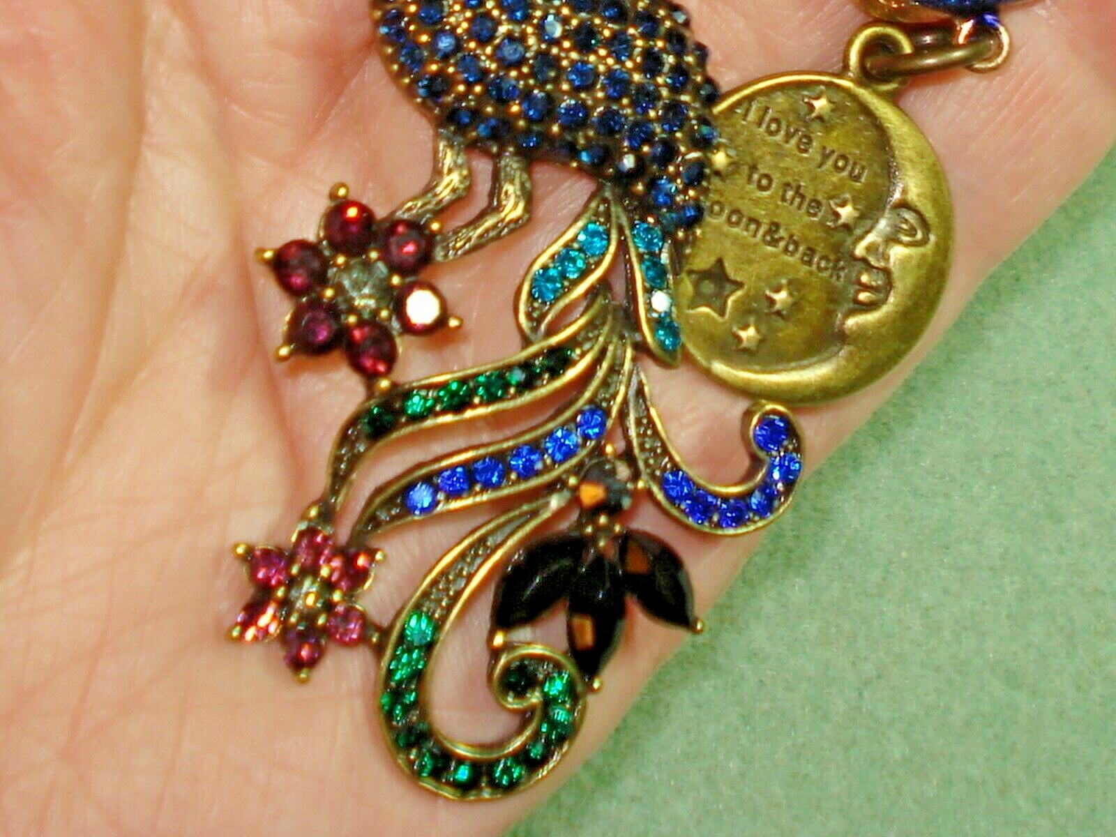 4 3/4″ Drop Royal Blue Peacock, Druzy, Heart, “Love you to the Moon…” Dangle