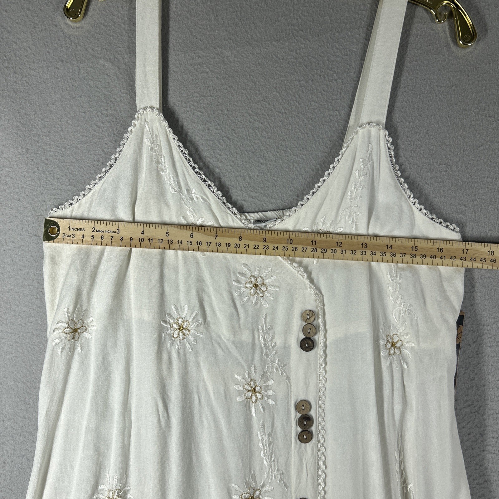 Raya Sun Women’s Size L Boho Embroidered Sundress Lace Trim Hand Wash Beige 38”
