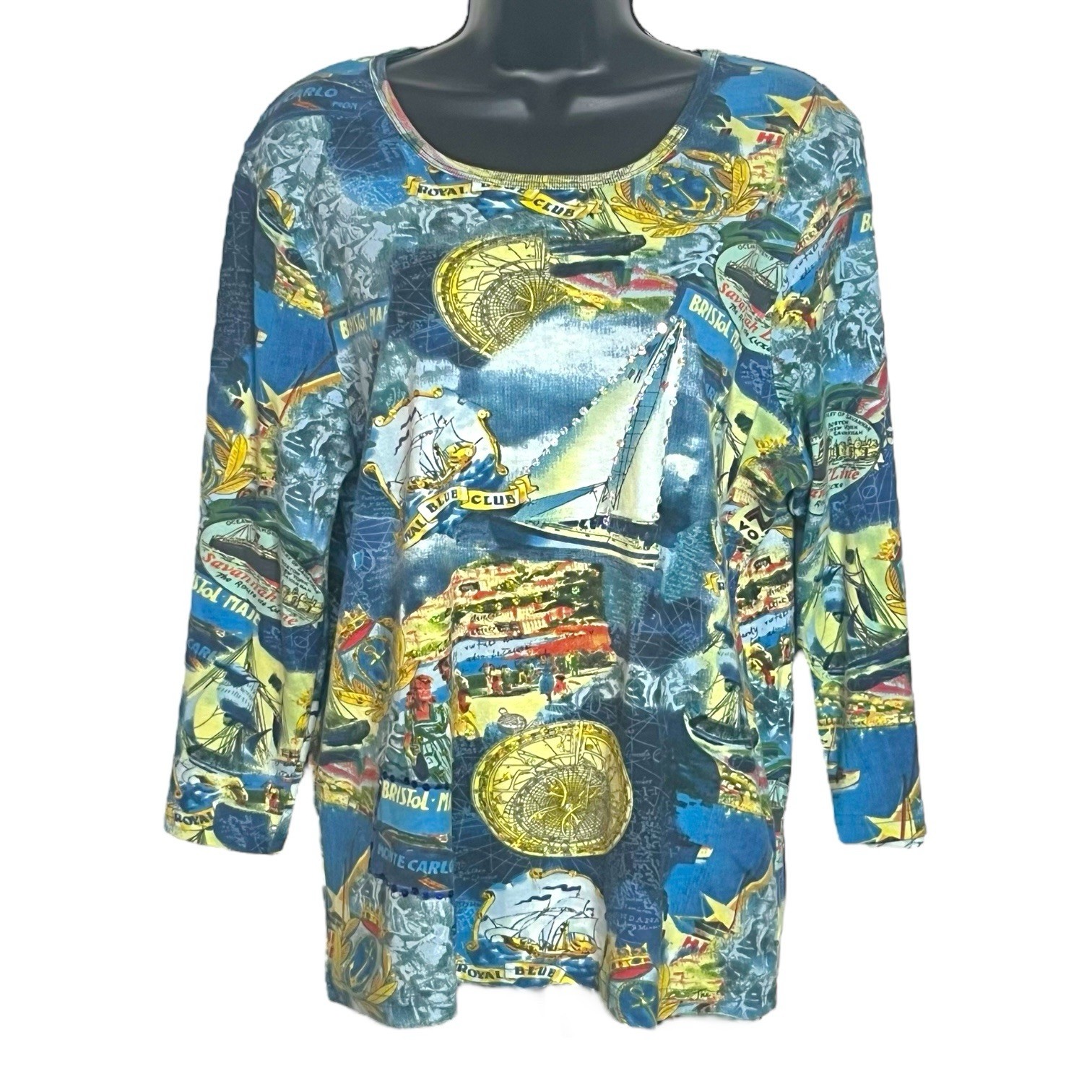 VINTAGE RETRO Y2K NAUTICAL TOP T SHIRT LONG SLEEVE ALL OVER SAILING PRINT SIZE L