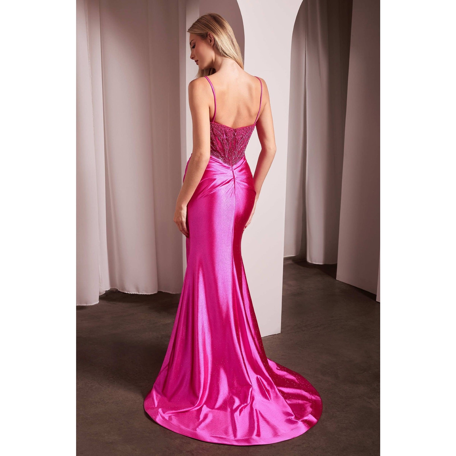 Ladivine Gold Fitted Satin Prom Gown Beaded Bodice Side Slit Size 6 NWT CC0238