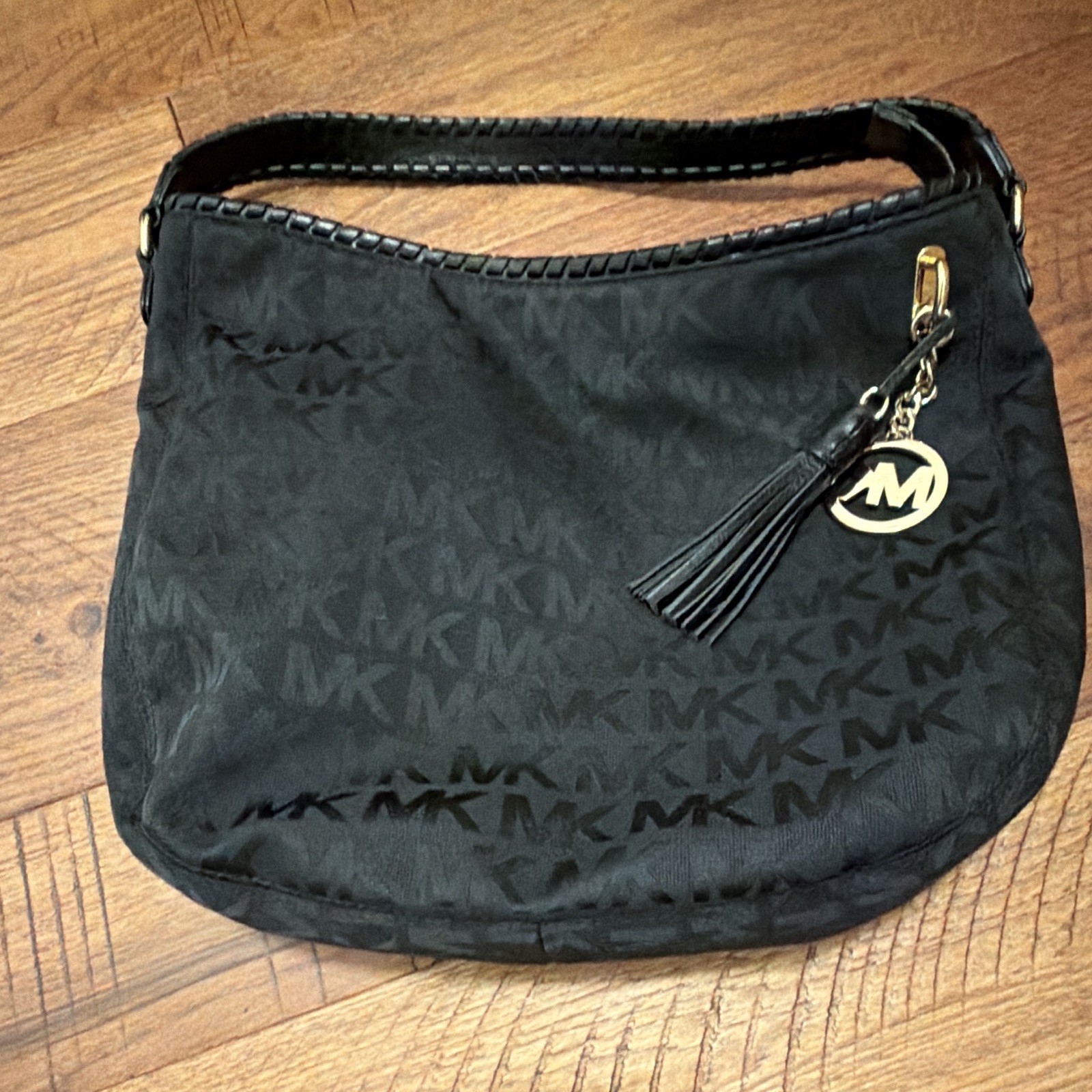 Michael Kors Black Logo Medium Shoulder Bag Zip Tassel Charm Gold Hardware