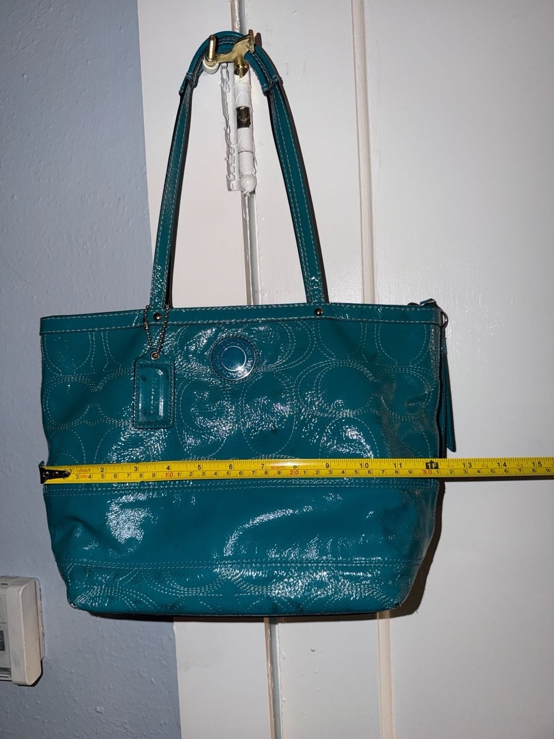 Coach Signature Gallery Stitched Patent Leather Tote Bag Teal F19198