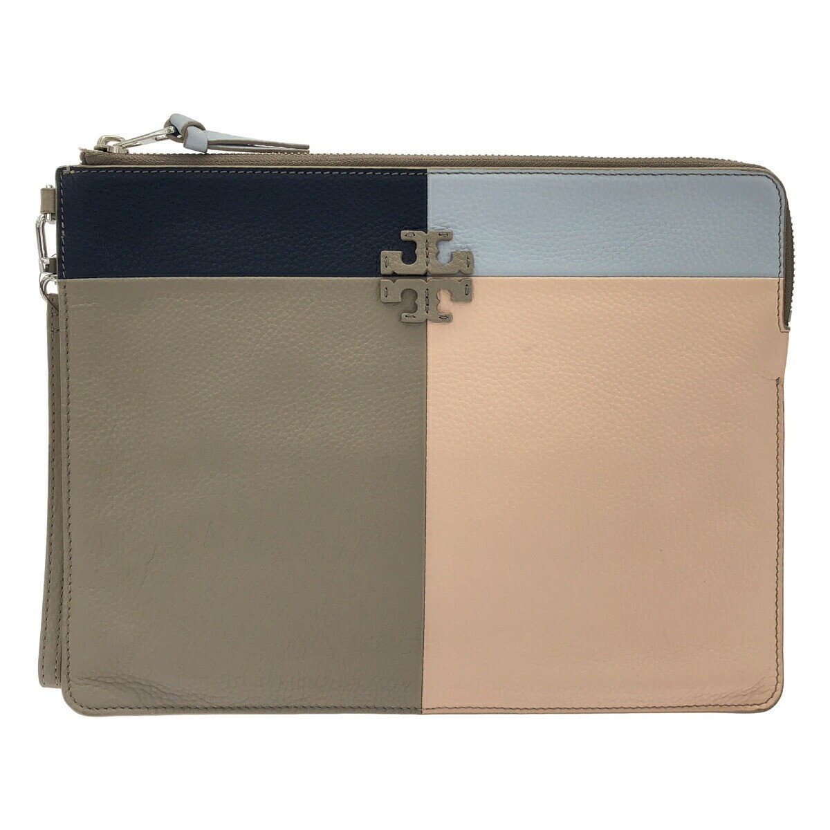 Tory Burch Colorblock Leather Clutch Bag Multicolor Zip Womens 11.22 x 8.66in