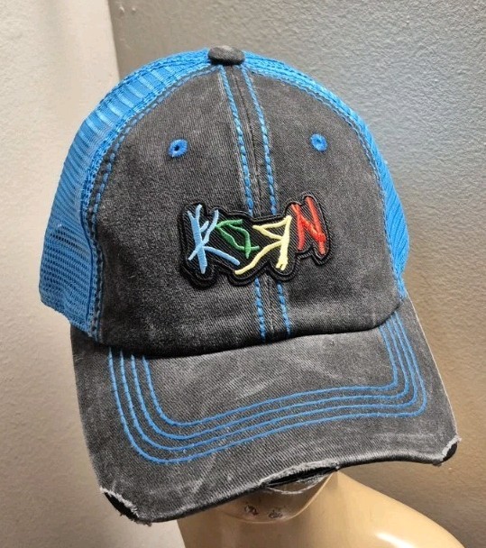 Korn Hat Distressed Ball Cap Hat Black & Neon Blue Mesh Hat