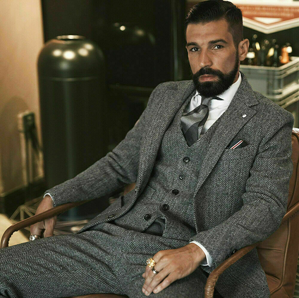 3-piece gray men’s suit herringbone checkered tweed tailcoat retro suit ball