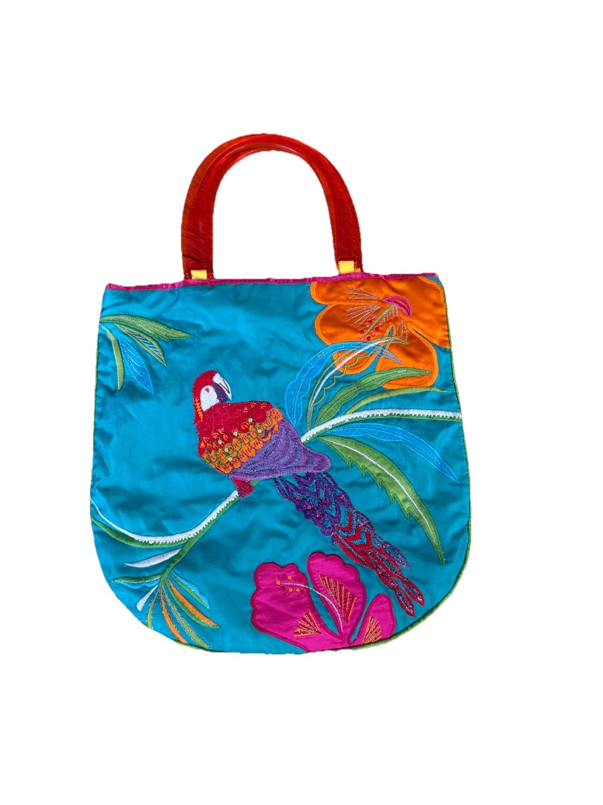 Accessorize Handbag Embroidered Parrot Tropical Dbl Plastic Handles 11.5” Square