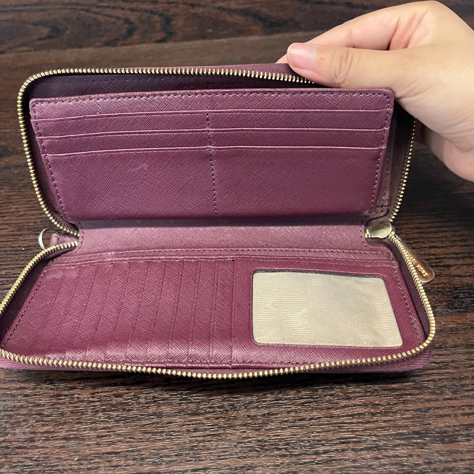 Michael Kors Womens Deep Red Leather Card Holder Pockets Zip Around Purse Wallet