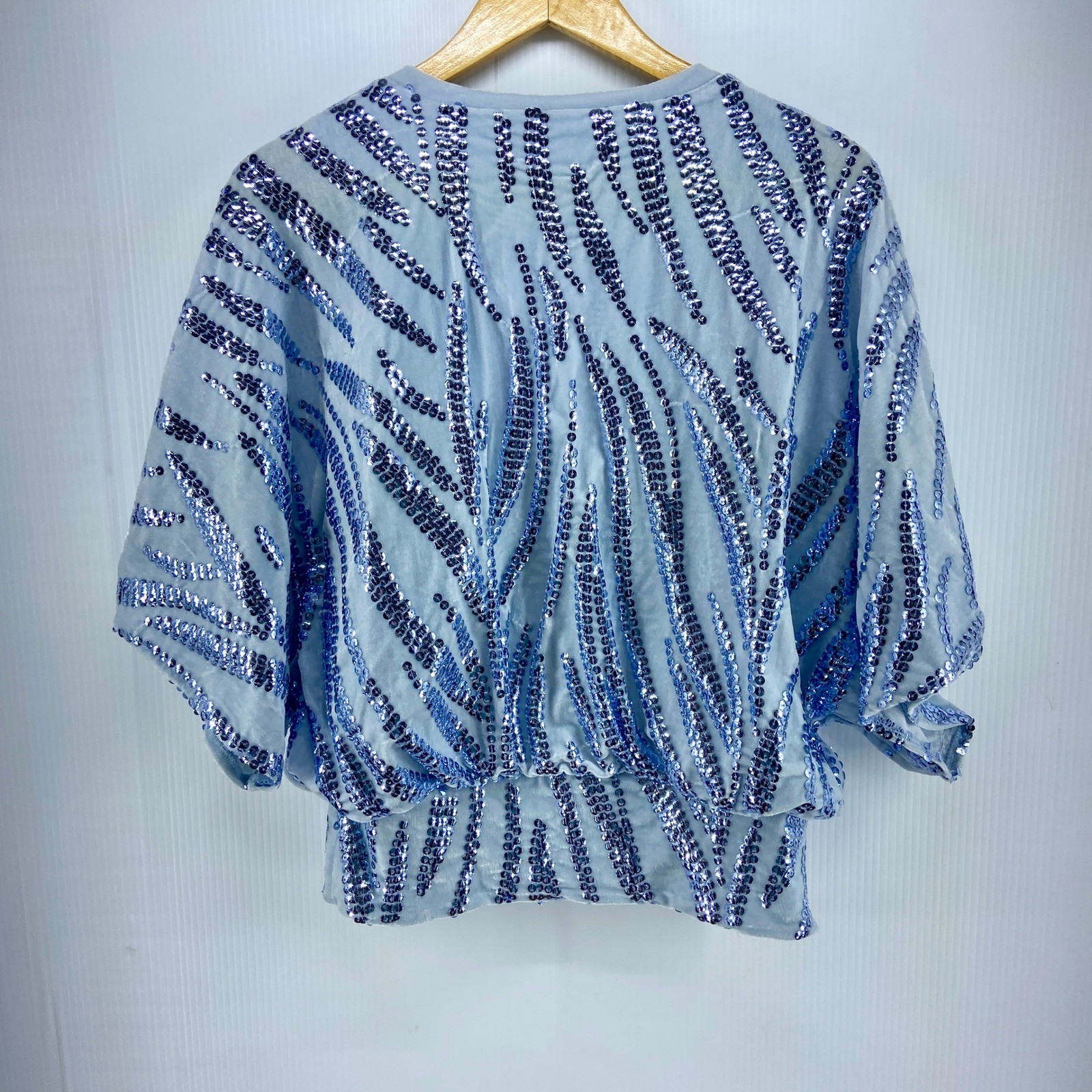 Alfani Light Blue Velvet Sequin V Neck Dolman Sleeve Top Womens Small