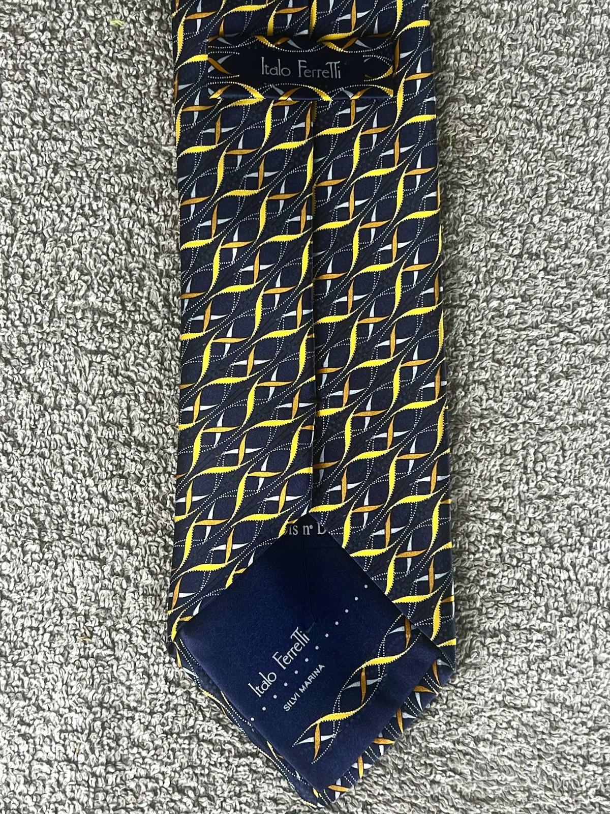 Italo Ferretti Italy Maus & Hoffman Navy, Blue, Gold, Copper Silk Tie 64” Long
