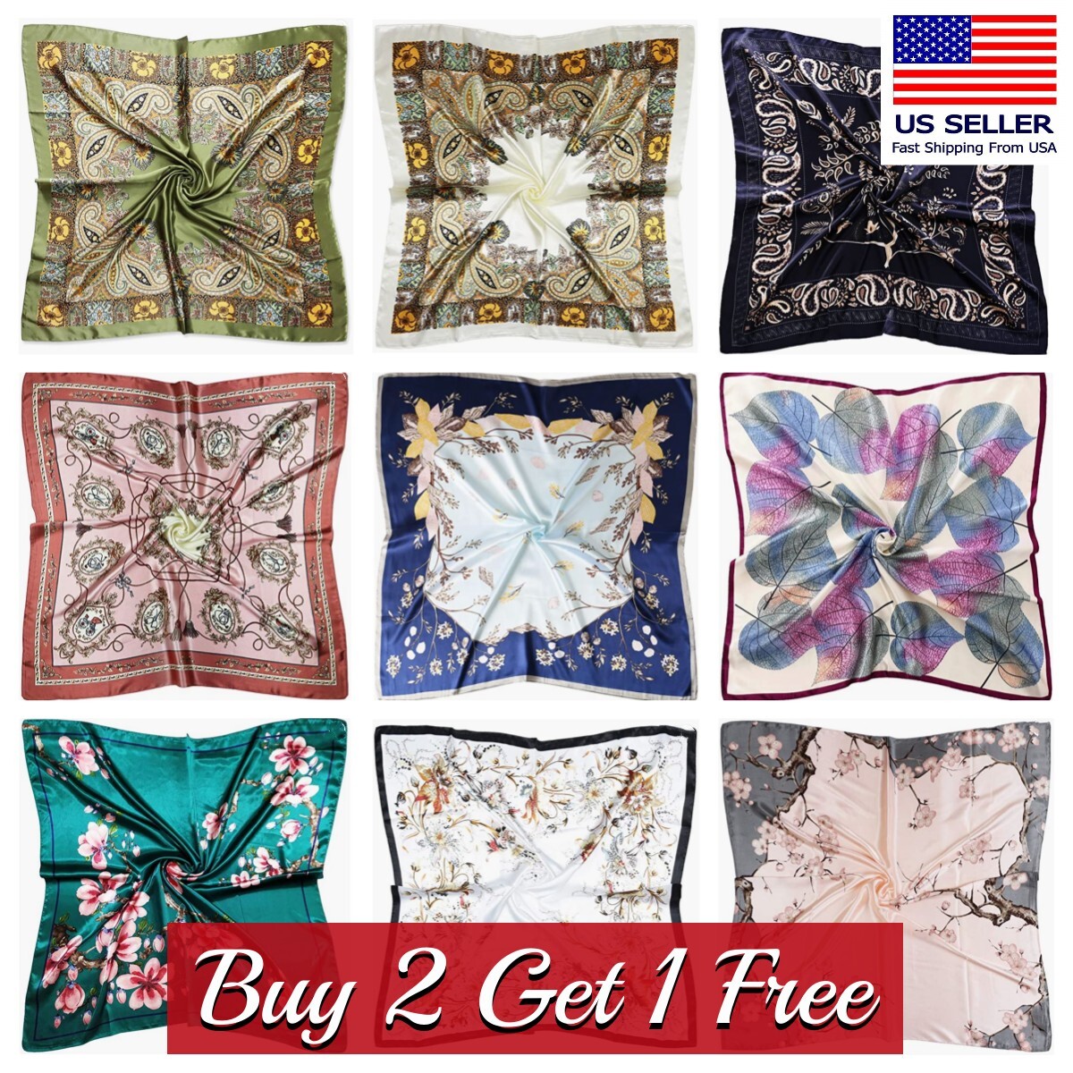 Large Square Silk Like Scarf Bandanna Satin Head Neck Scarf Wrap Shawl 35″x35″