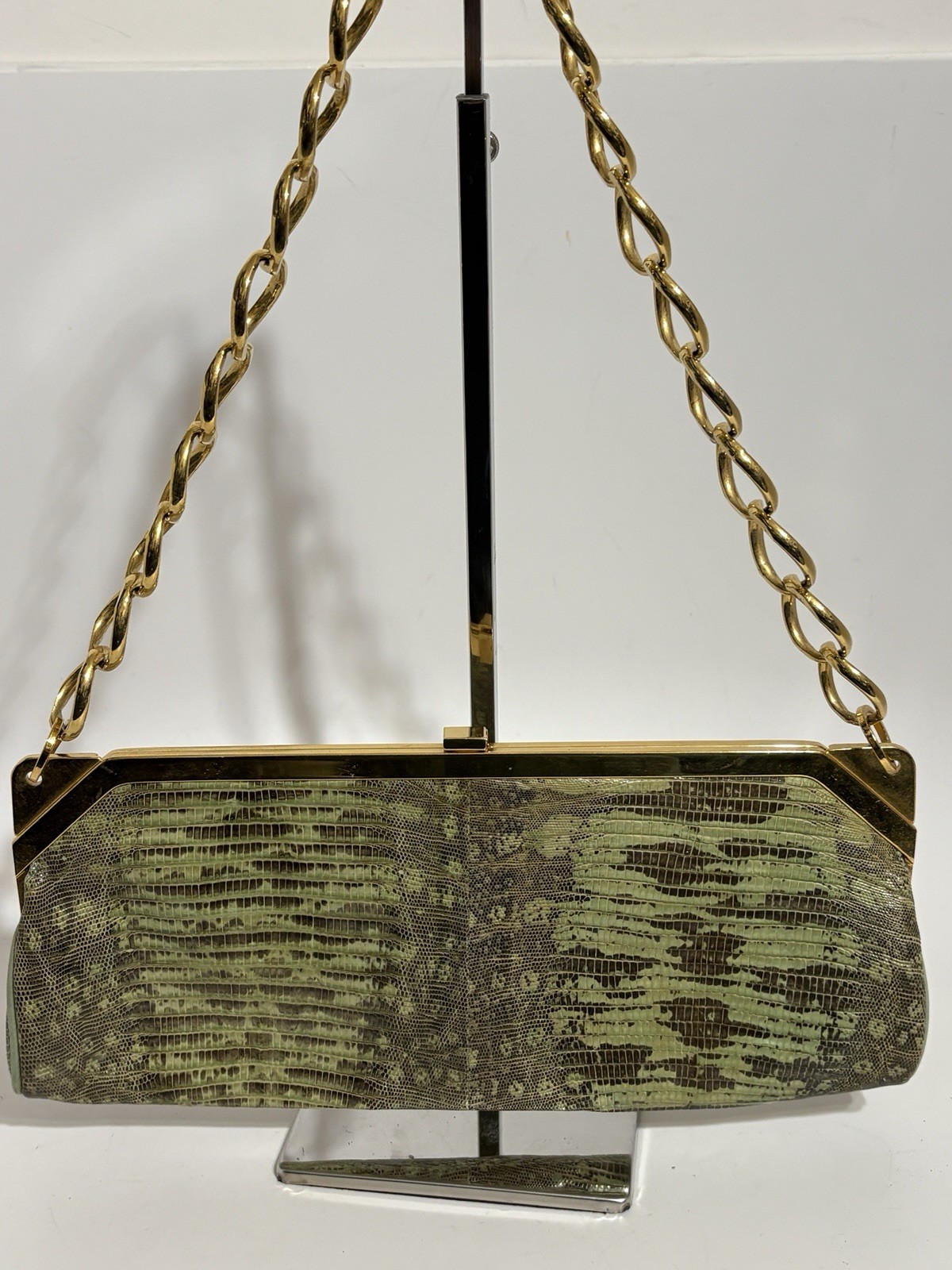 Vtg Gianni Versace Green Lizard Leather Gold Chain Strap Shoulder Bag