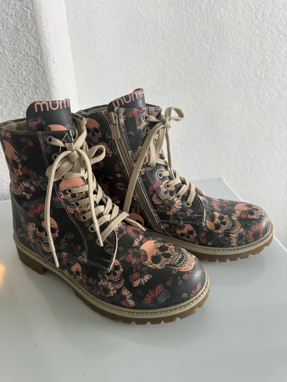 Floral And Skull Combat Boot Zip Side With Front Lace Up Not Leather